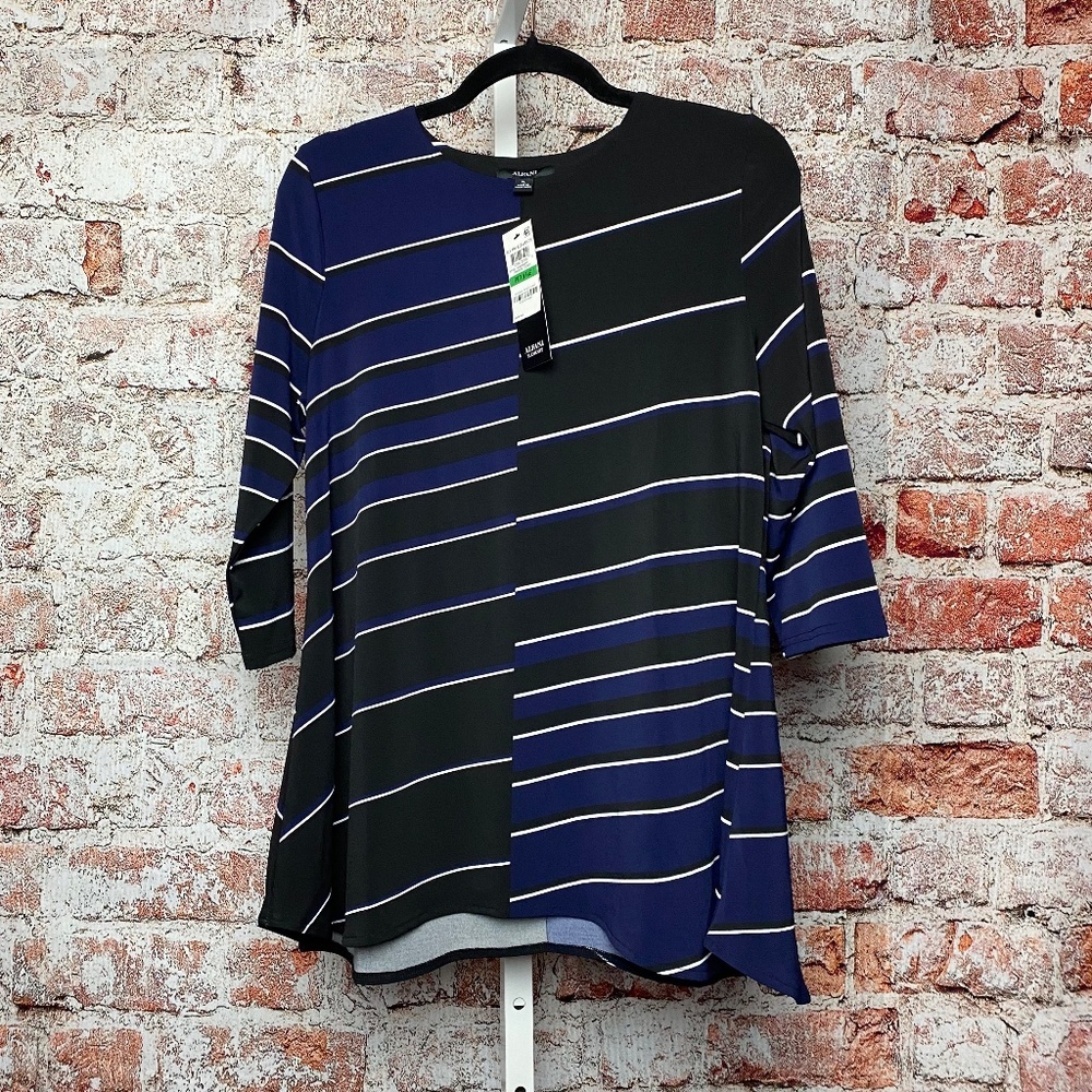 Alfani Elements Traverse Stripe Black Navy Blue Stretch Blouse PL